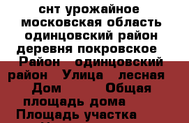 снт урожайное  московская область одинцовский район деревня покровское › Район ­ одинцовский район › Улица ­ лесная › Дом ­ 233 › Общая площадь дома ­ 87 › Площадь участка ­ 9 › Цена ­ 2 500 000 - Московская обл., Звенигород г. Недвижимость » Дома, коттеджи, дачи продажа   . Московская обл.